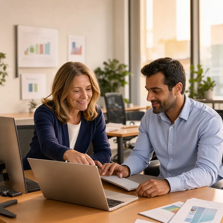 A woman in a navy cardigan points at a laptop screen while a man in a light blue shirt looks on, at a desk in a sunlit office.