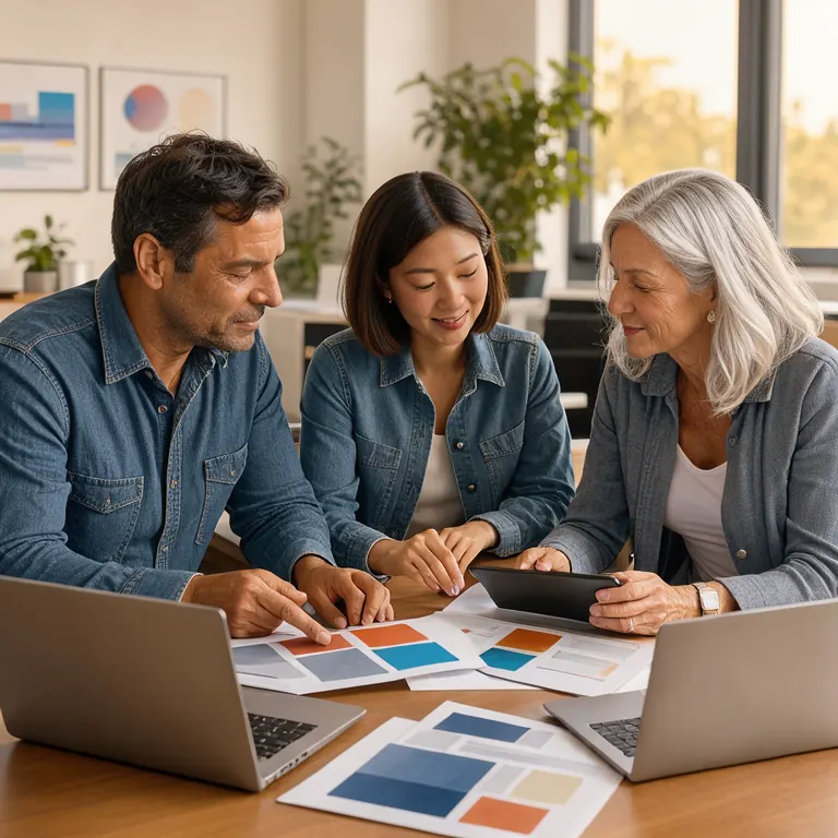 Three colleagues around a table looking at printed colour layout boards, partly in view, with a tablet and laptops.