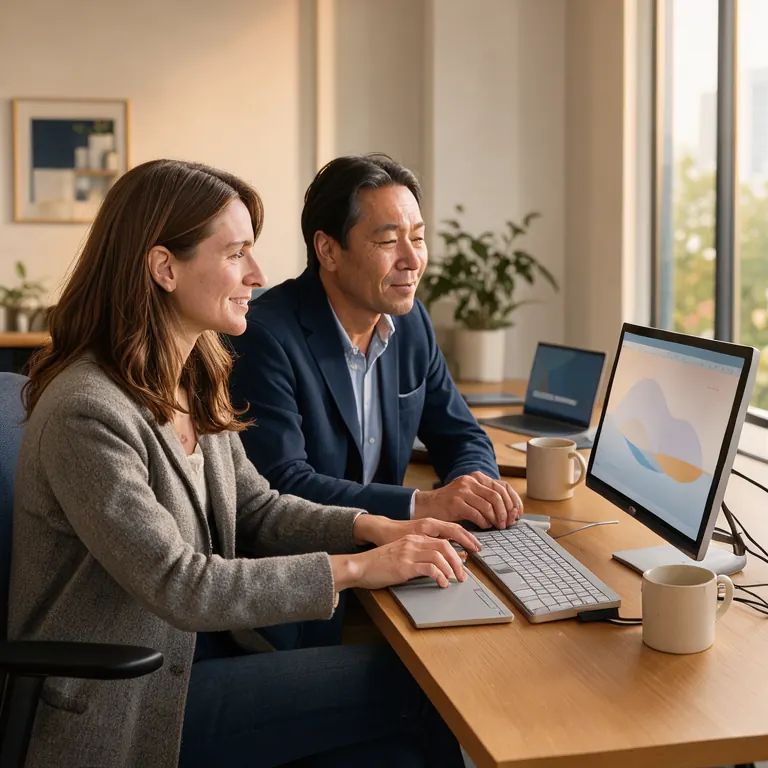 A woman and a man sit side by side at a desk working at a laptop and a large monitor.